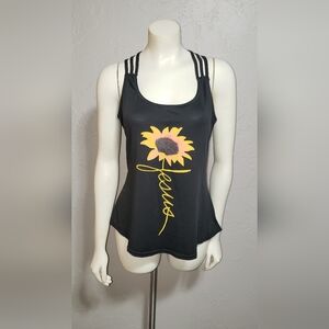Black Tank Top with Sunflower and 'Jesus' Print